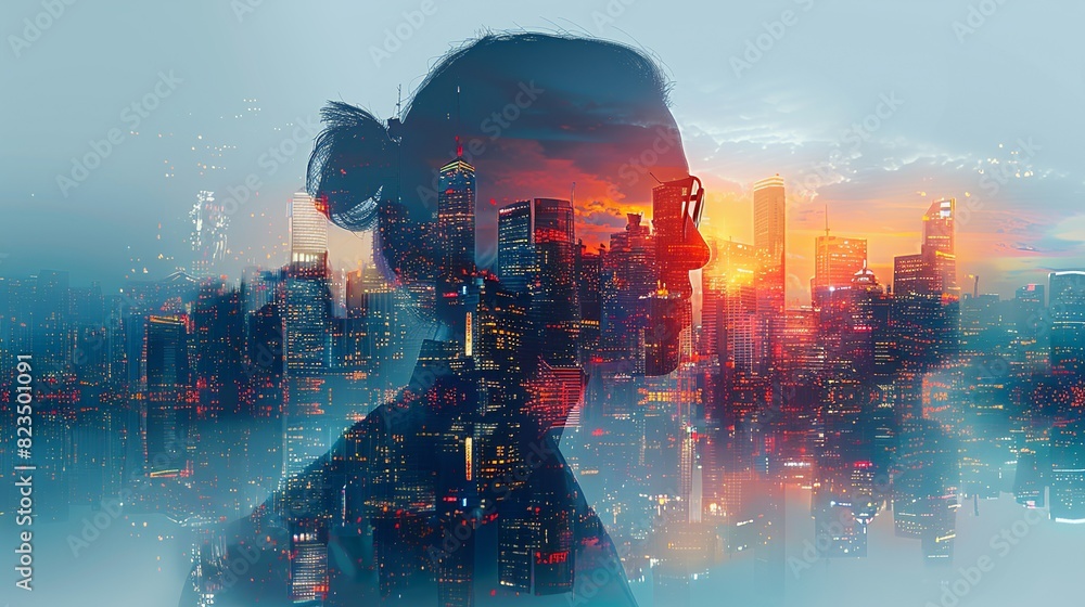 A woman's silhouette is shown in a cityscape with a sunset in the background A woman's silhouette is shown in a cityscape with a sunset in the background