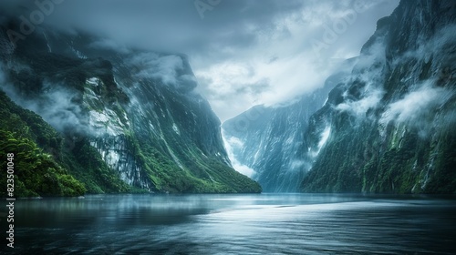New Zealand - Fiordland National Park  A dramatic landscape of the Milford Sound in Fiordland National Park. Towering cliffs and lush rainforests descend into the dark waters