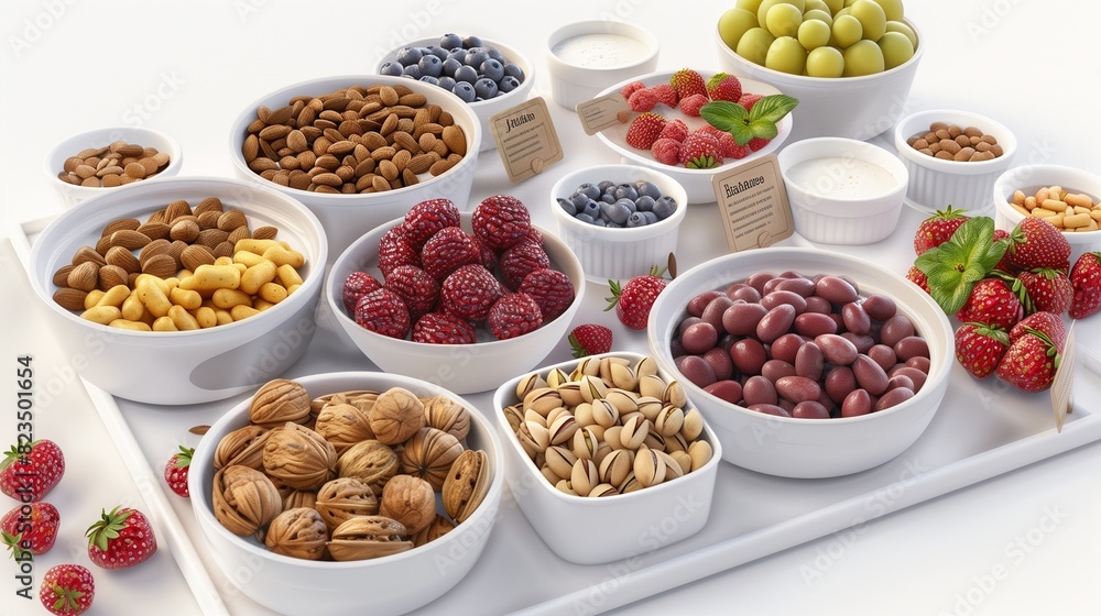 a selection of healthy snack options, such as nuts, seeds, yogurt, and fresh fruit, arranged on a platter or in individual containers a selection of healthy snack options, such as nuts, seeds, yogurt, and fresh fruit, arranged on a platter or in individual containers