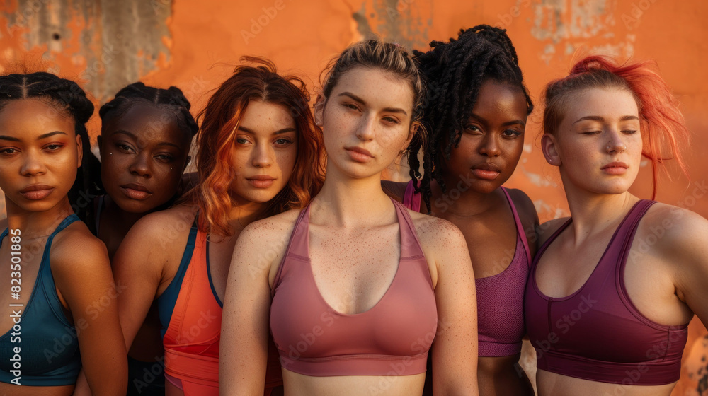 Fototapeta premium A group of women wearing pink and blue sports bras stand in a row