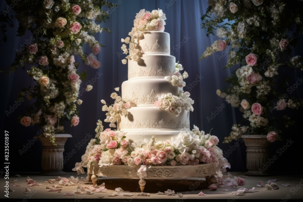 Stunning multi-tiered wedding cake adorned with intricate floral designs, set against a romantic floral backdrop Stunning multi-tiered wedding cake adorned with intricate floral designs, set against a romantic floral backdrop