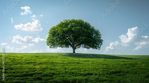 A solitary oak tree standing tall in the middle of a vast  green field under a bright blue sky with a few scattered clouds. List of Art Media Photograph inspired by Spring magazine