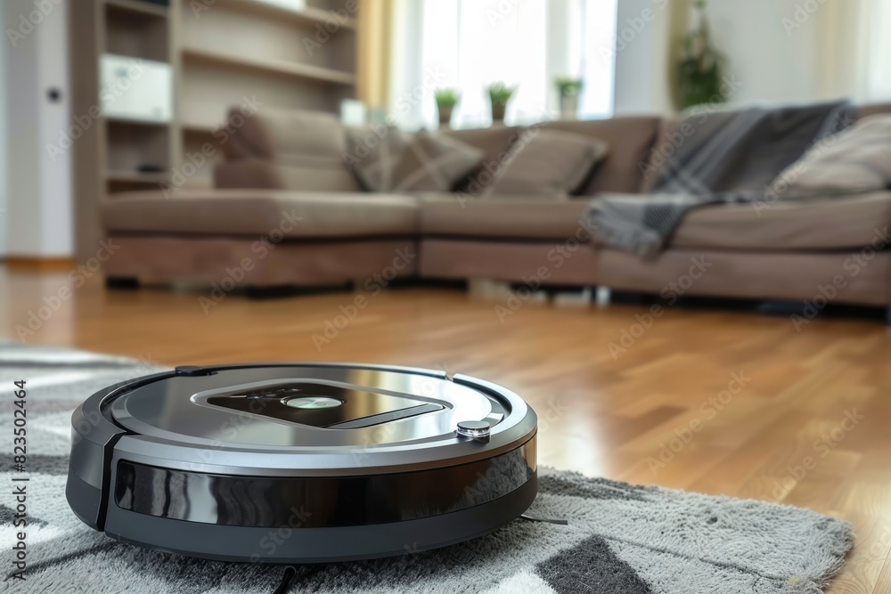 Robot vacuum cleaner on the floor in a modern living room Robot vacuum cleaner on the floor in a modern living room