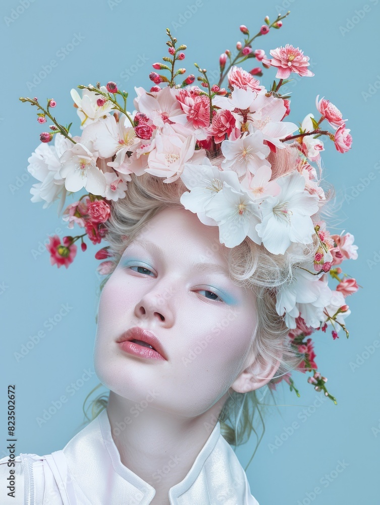 A striking portrait of a model with contemporary floral arrangement, combining tradition with modern fashion