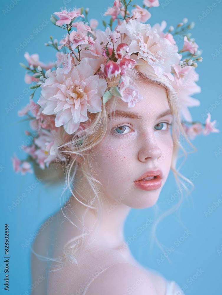 A dreamy portrait shot of a model with a spring-inspired floral headpiece in delicate pastel colors A dreamy portrait shot of a model with a spring-inspired floral headpiece in delicate pastel colors