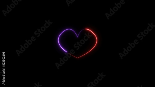 Heart shape Valentine s Day love card neon glowing red  purple color illustration. Black background 4k illustration.