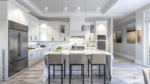 Modern kitchen interior with white cabinet marble island and two bar chairs. --ar 16 9 Job ID  fb18a41c-fcea-4547-818e-fdc7d3f96509