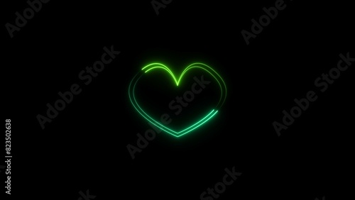 Heart shape Valentine s Day love card neon glowing turquoise color illustration. Black background 4k illustration.