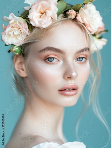 An ethereal beauty portrait of a model with a floral headpiece against a pastel blue background © Glittering Humanity