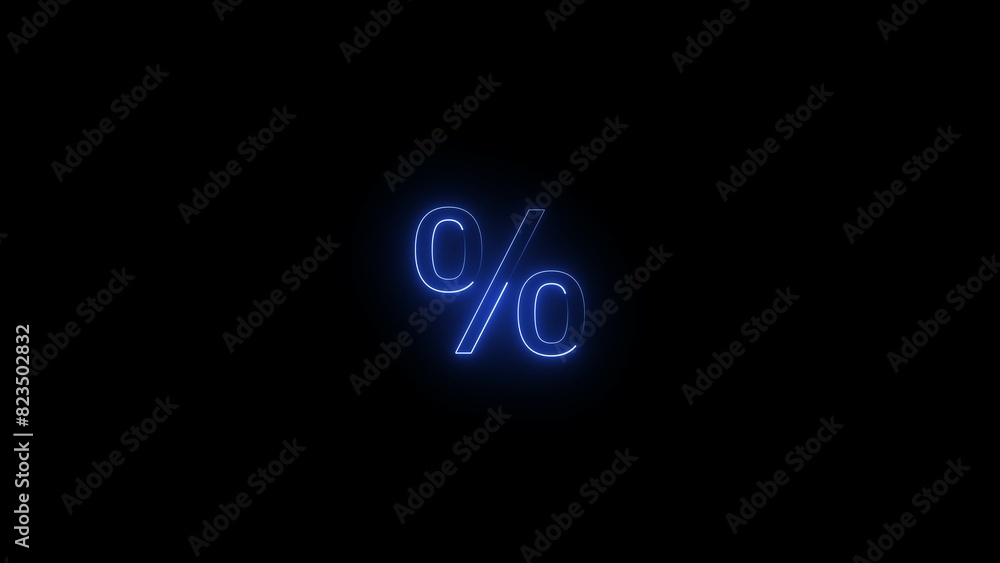  percent icon neon glowing royal blue color illustration. Black background 4k illustration.