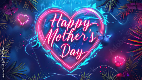 Nostalgics Retro Synthwave Mother's Day Background With Neon And Happy Mother's Day Text photo
