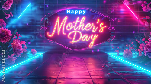 Nostalgics Retro Synthwave Mother's Day Background With Neon And Happy Mother's Day Text photo