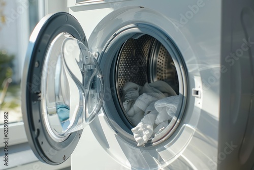 Washing machine with clean laundry. Concept of cleaning, cleanliness