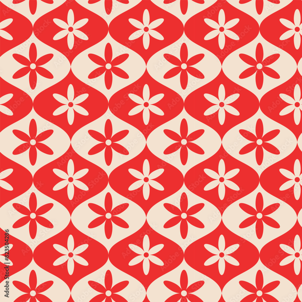 Red and white retro flowers on ogee seamless pattern. For home décor, wallpaper and textile Red and white retro flowers on ogee seamless pattern. For home décor, wallpaper and textile