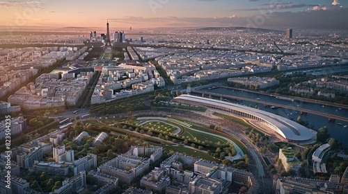 An aerial view of Paris showing many buildings, streets, and a large park with a track in the center.

