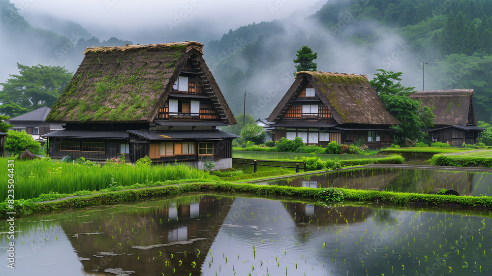 Obraz premium 古民家と梅雨の田んぼ