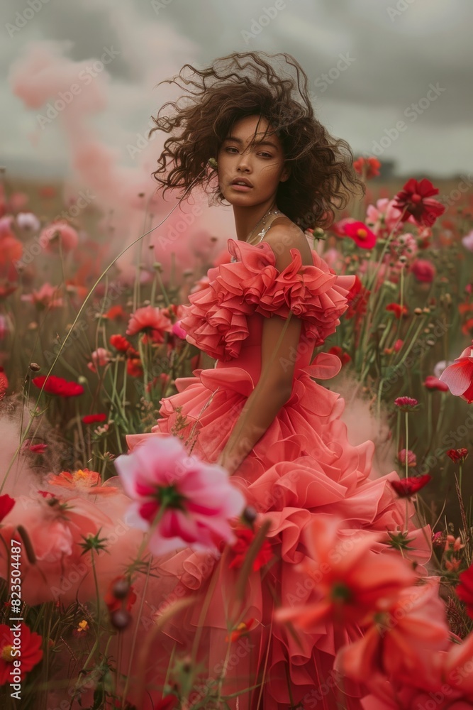 Naklejka premium A model poses dynamically among red flowers, with flowing hair and a floral dress matching the scene