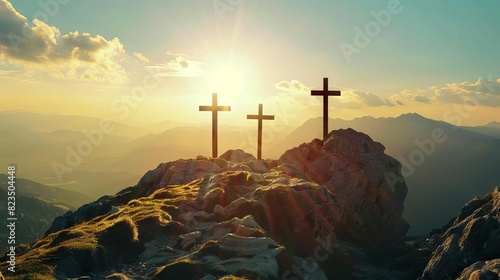 three crosses on mountain top in sunlight christian symbol of faith hope and salvation photo