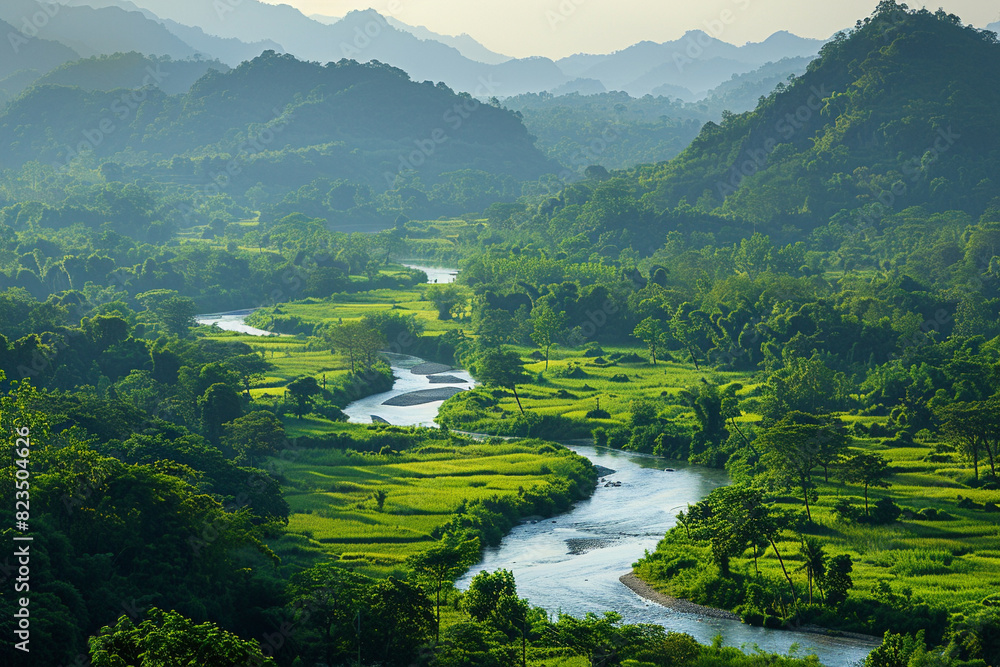 Lush valley with a winding river surrounded by greenery, close up, serene natural landscape, vibrant, silhouette, mountain backdrop