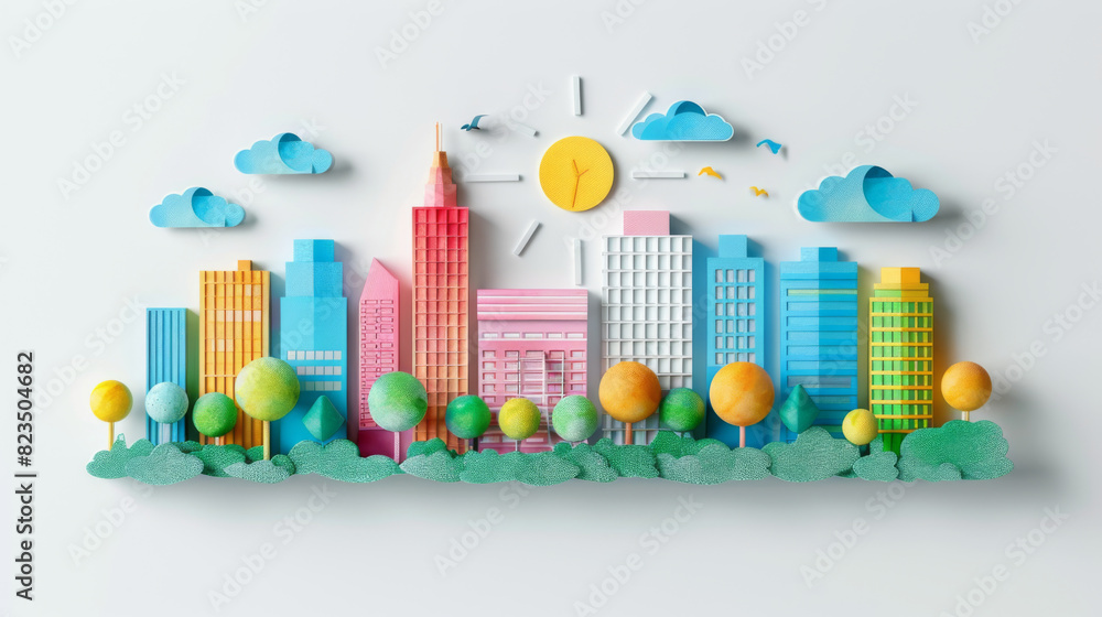 A vibrant and creative paper craft cityscape with buildings, trees, and a sun.