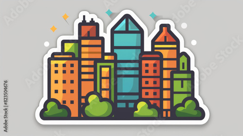 Cartoon sticker style illustration of colorful city buildings with decorative elements and greenery.