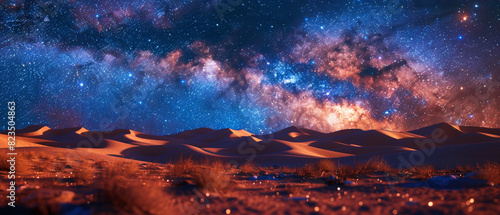 Endless desert dunes meeting a starfilled sky, close up, enchanting night scene, whimsical, fusion, caravan backdrop