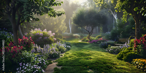 A photo of a garden with HDR setting blooming flowers photo