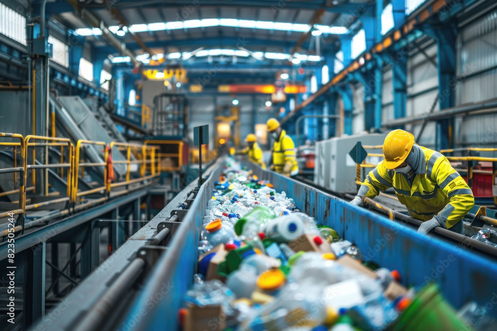 A detailed scene of a large recycling facility, conveyor belts loaded with assorted recyclable materials, workers sorting items in protective gear A detailed scene of a large recycling facility, conveyor belts loaded with assorted recyclable materials, workers sorting items in protective gear