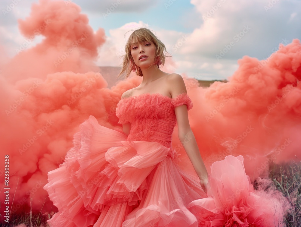 A poised lady in a billowing pink dress poses among a cloud of red smoke, creating a scene of elegance and mystery A poised lady in a billowing pink dress poses among a cloud of red smoke, creating a scene of elegance and mystery