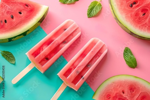 watermelon ice cream lollies with mint leaves. generative ai photo