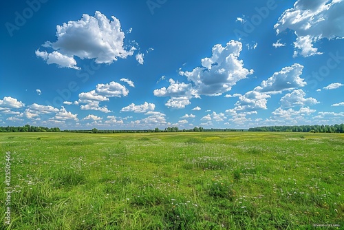 Featuring a blue sky with white clouds background. summer day. panorama.