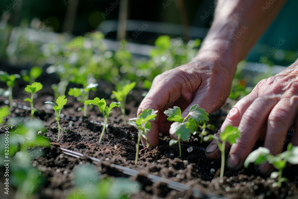 Hands Planting Seedlings in Garden Soil with Green Young Plants in Springtime Hands Planting Seedlings in Garden Soil with Green Young Plants in Springtime
