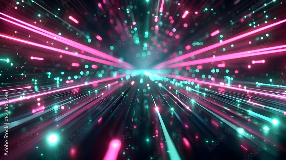 Obraz premium HighSpeed Data Network Visualized through a Dazzling D Intersection of Glowing Magenta and Jade Neon Lines on Slick Black Surfaces