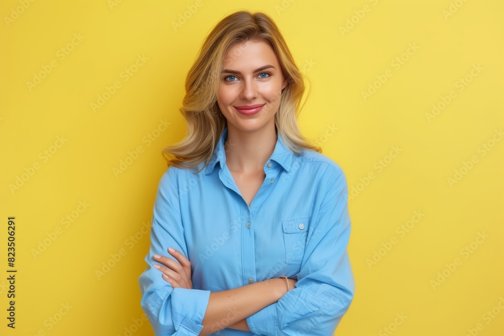 Confident Young Blonde Woman in Light Blue Shirt with Crossed Arms Against Bright Yellow Background Confident Young Blonde Woman in Light Blue Shirt with Crossed Arms Against Bright Yellow Background