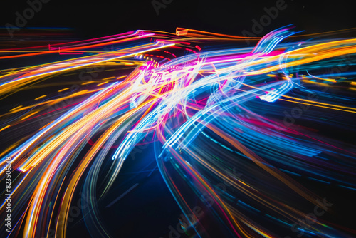 Abstract Light Trails in Night Featuring Colorful Neon Streaks