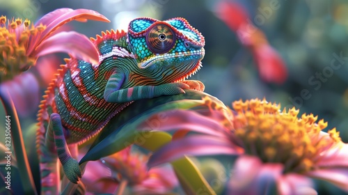 Chameleon on the flower. Beautiful 