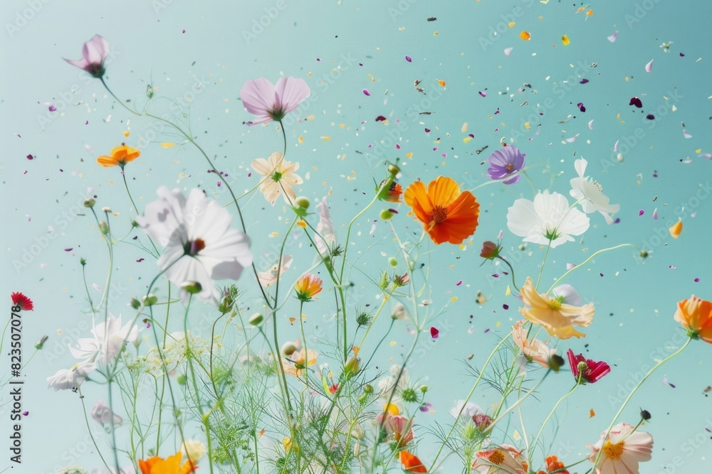 An array of cosmos and assorted wildflowers dispersed as if by a gentle breeze on a blue background An array of cosmos and assorted wildflowers dispersed as if by a gentle breeze on a blue background