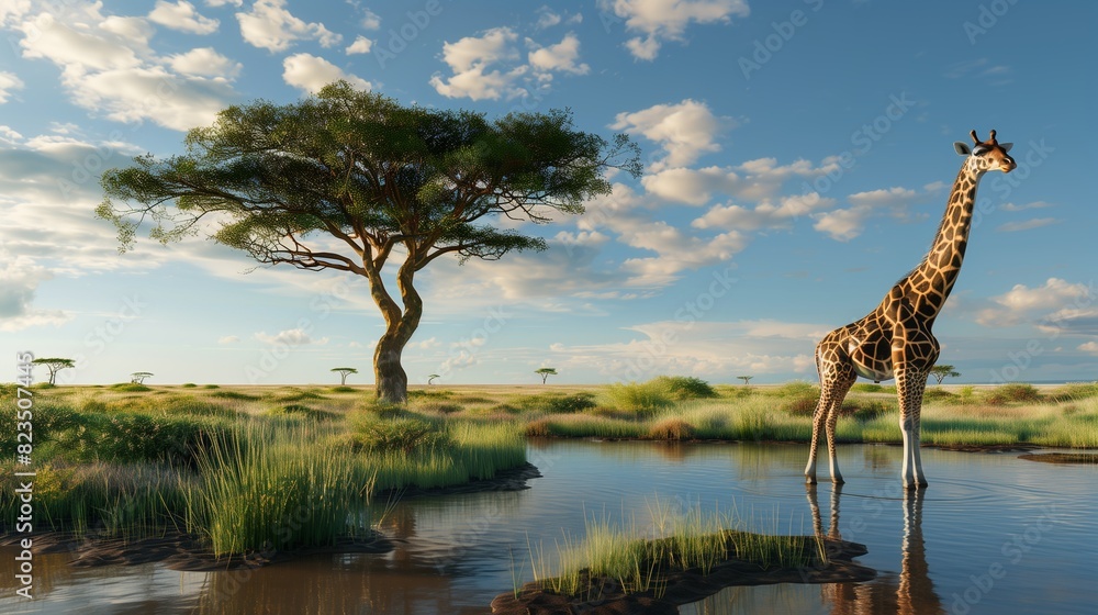 Fototapeta premium close up of Giraffe with acacia tree on african savannah in Amboseli Kenya