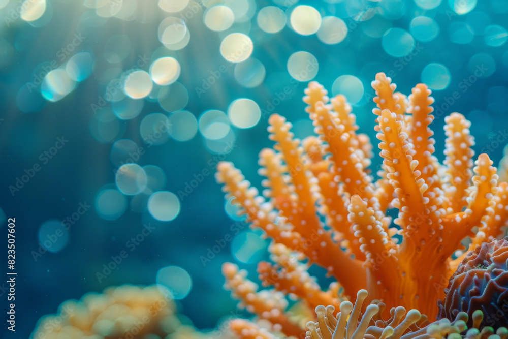 Fototapeta premium Underwater Coral Close Up with Sun Rays and Bokeh Effect