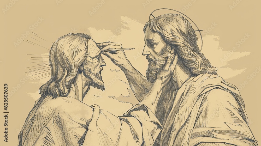 Fototapeta premium Miracle and Compassion: Jesus Giving Sight to the Blind, Biblical Illustration