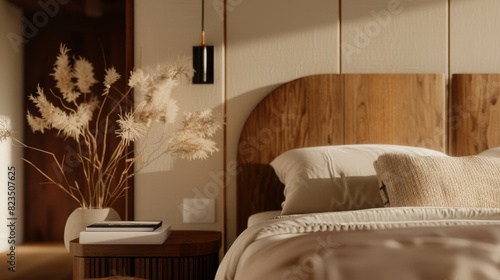 Cozy bedroom interior with warm light and elegant decor, Tranquil bedroom scene featuring a wooden headboard, soft bedding, and delicate pampas grass