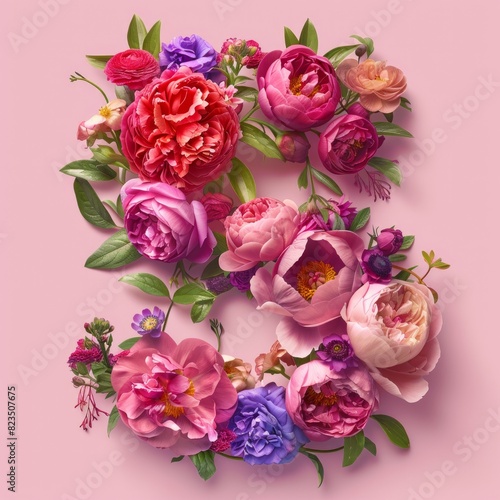 A circular arrangement of peonies, berries, and flowers set against a gentle pink background creating number 5