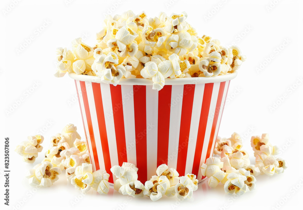 Popcorn in red and white striped bucket Popcorn in red and white striped bucket