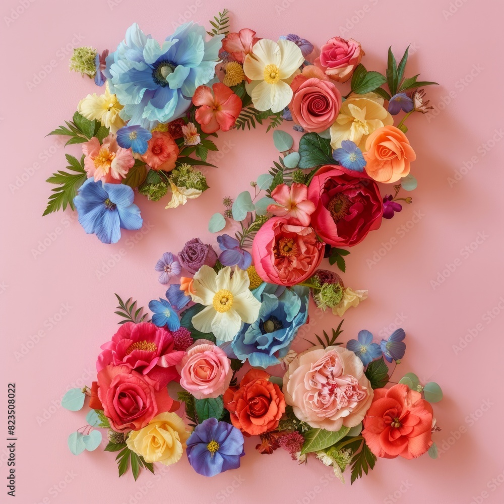A delicate arrangement of assorted flowers forming a peace symbol, presented on a soft pink background