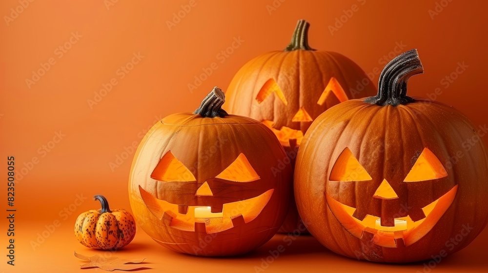 Spooky halloween pumpkins on vibrant orange backdrop with ample space for text placement Spooky halloween pumpkins on vibrant orange backdrop with ample space for text placement