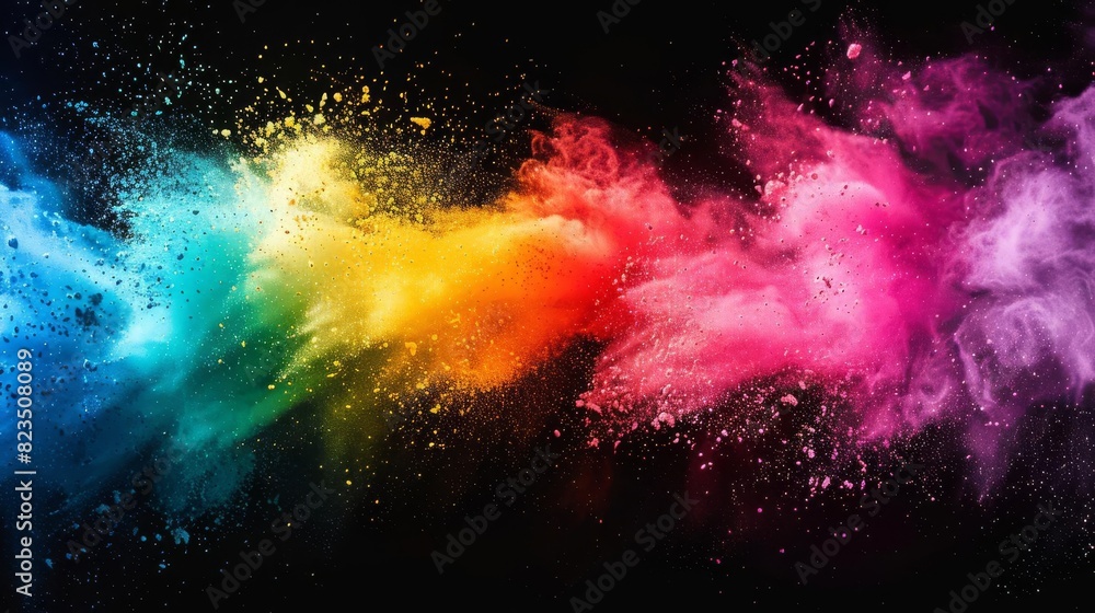 vibrant rainbow colored powder explosion isolated on black background