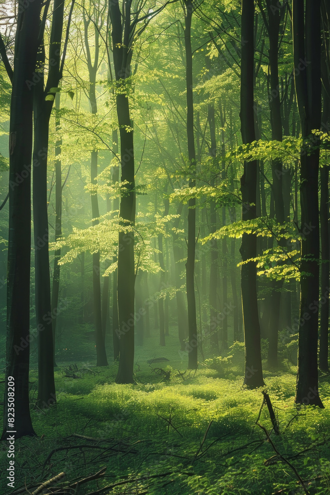 Fototapeta premium Green forest with beech trees, during spring time, with sun light and shadows, in a morning misty atmosphere.