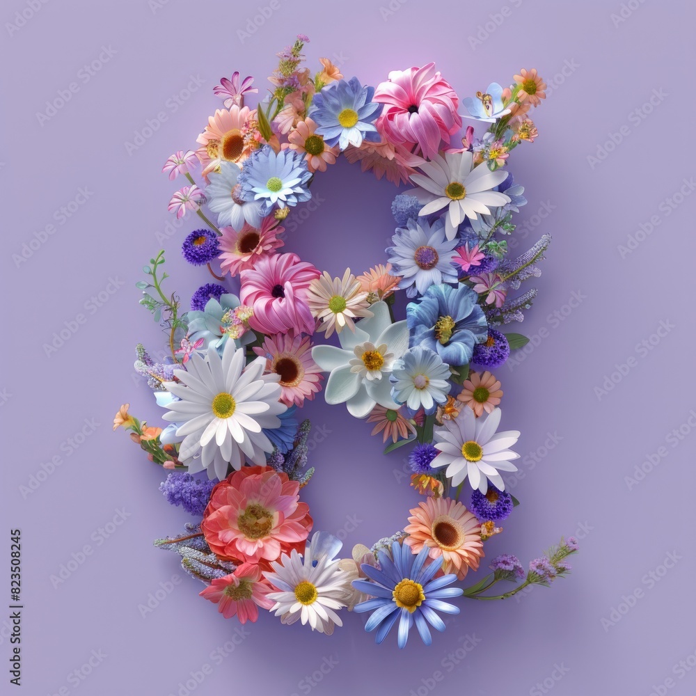 A beautiful floral composition in the shape of the number 8 against a calming lavender background, perfect for events