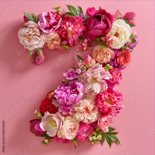 Colorful and rich, the number 7 is crafted using a mix of flowers on a pastel pink background © Glittering Humanity