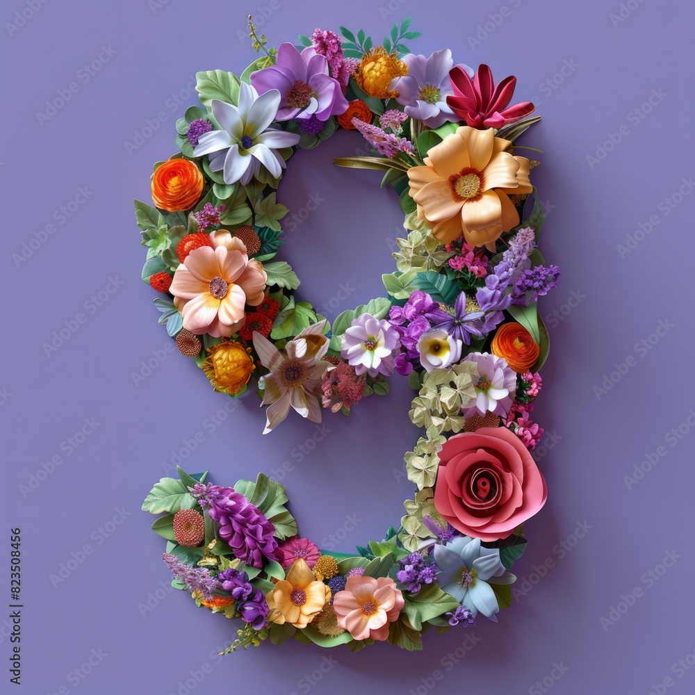 A colorful array of flowers arranged in a circular wreath against a purple background number 9 A colorful array of flowers arranged in a circular wreath against a purple background number 9